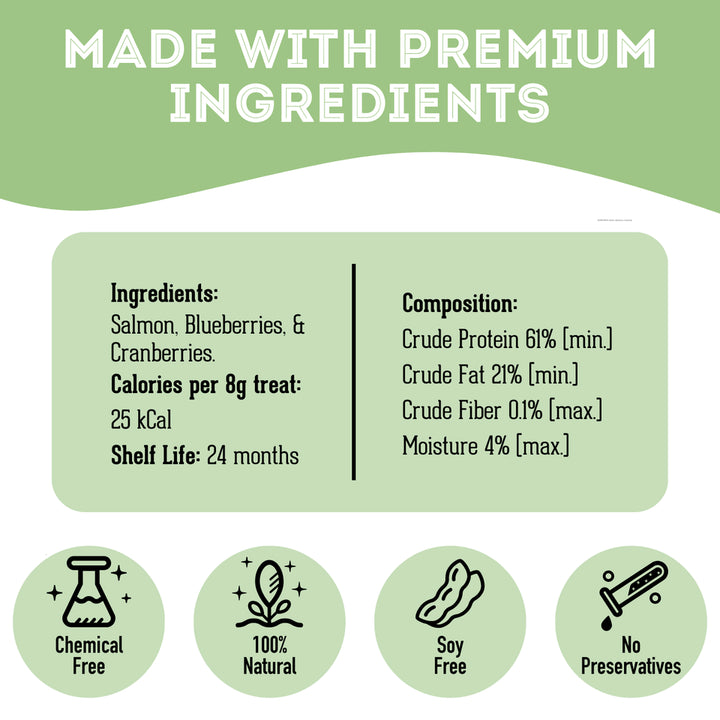 Premium Dehydrated Protein Salmon, Cranberry & Blueberry Treat For Dogs & Cats